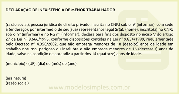 Modelo de Declaração de Inexistência de Menor Trabalhador