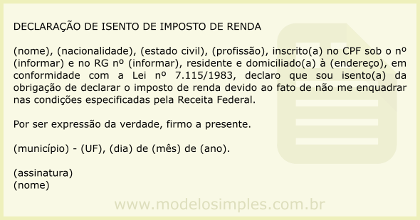 Modelo de Declaração de Isento de Imposto de Renda