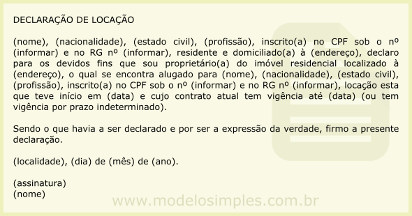 Modelo de Declaração de Locação de Imóvel Residencial