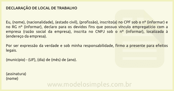 Modelo de Declaração de Local de Trabalho