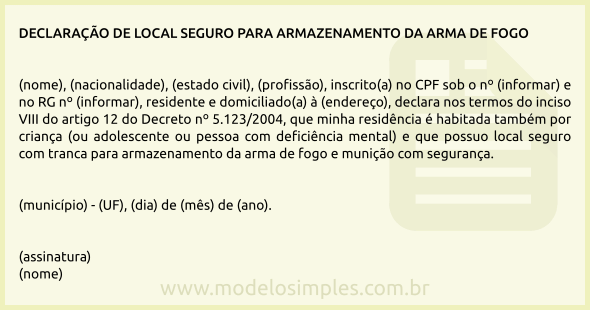 Modelo de Declaração de Local Seguro para Armazenamento da Arma de Fogo