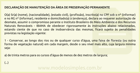 Modelo de Declaração de Manutenção da Área de Preservação Permanente