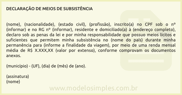 Modelo de Declaração de Meios de Subsistência