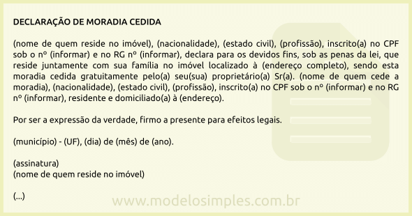 Modelo de Declaração de Moradia Cedida