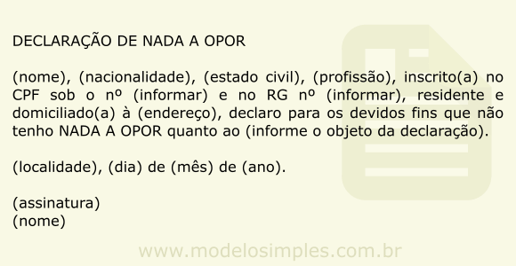 Modelo de Declaração de Nada a Opor