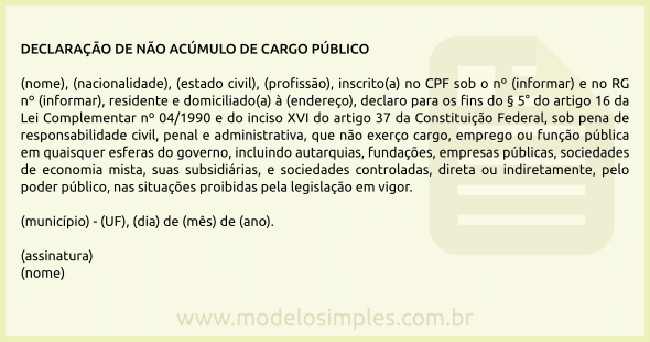 Modelo de Declaração de Não Acúmulo de Cargo Público