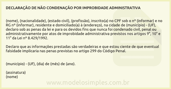 Modelo de Declaração de Não Condenado em Ação de Improbidade Administrativa