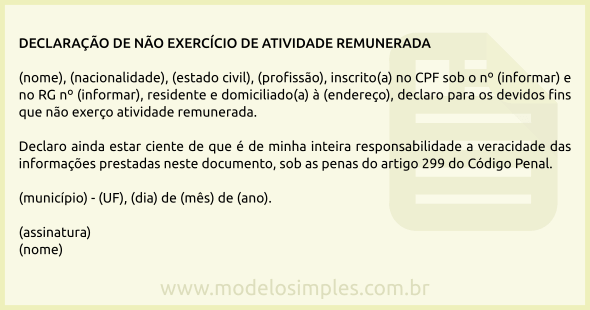 Modelo de Declaração de Não Exercício de Atividade Remunerada