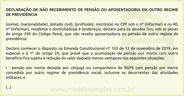 Modelo de Declaração de Não Recebimento de Pensão ou Aposentadoria