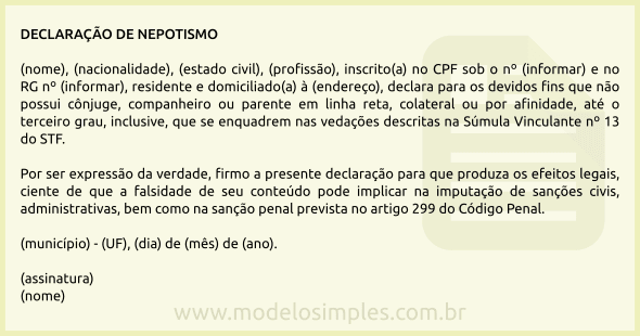 Modelo de Declaração de Nepotismo