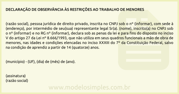 Modelo de Declaração de Observância às Restrições ao Trabalho de Menores