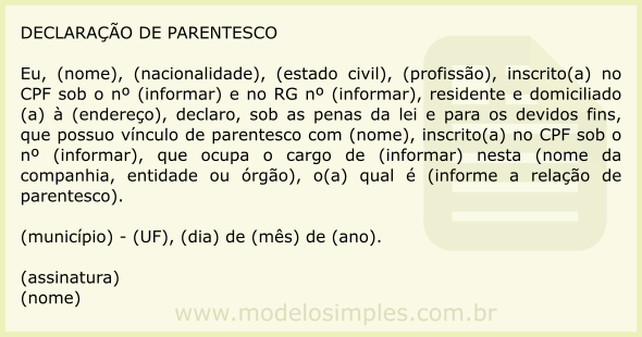 Modelo de Declaração de Parentesco