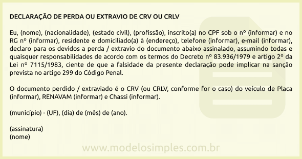 Modelo de Declaração de Perda ou Extravio de CRV ou CRLV