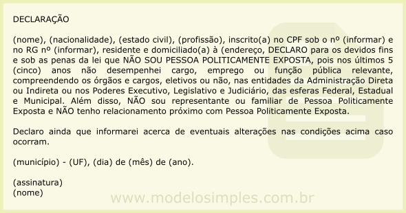 Modelo de Declaração de Pessoa Não Politicamente Exposta