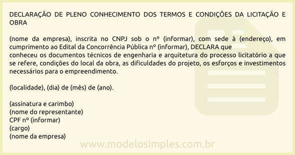 Modelo de Declaração de Pleno Conhecimento dos Termos e Condições da Licitação e Obra