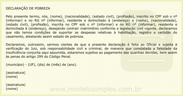 Modelo de Declaração de Pobreza para Casamento