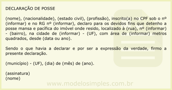 Modelo de Declaração de Posse de Imóvel