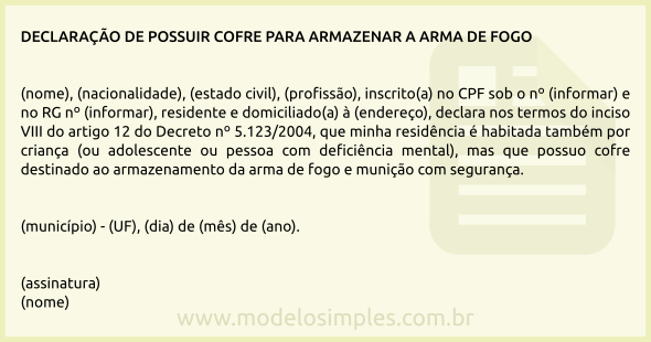 Modelo de Declaração de que a Residência Possui Cofre para Armazenar a Arma