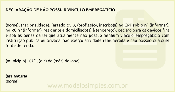 Modelo de Declaração de que Não Possui Vínculo Empregatício