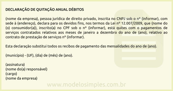 Modelo de Declaração de Quitação Anual de Débitos