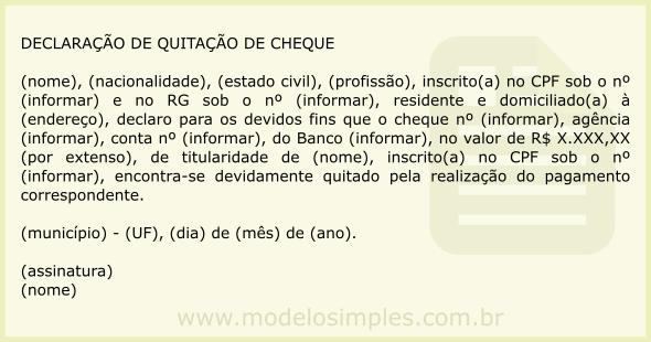 Modelo de Declaração de Quitação de Cheque