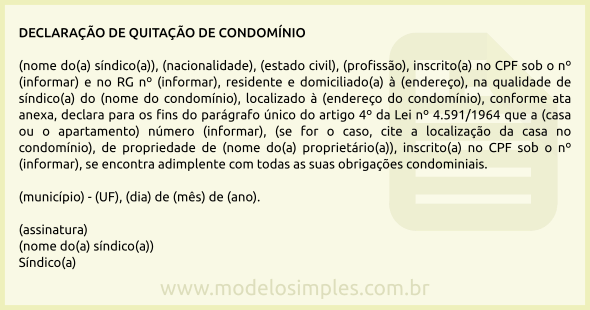 Modelo de Declaração de Quitação de Condomínio