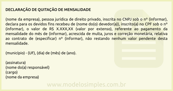 Modelo de Declaração de Quitação de Mensalidade