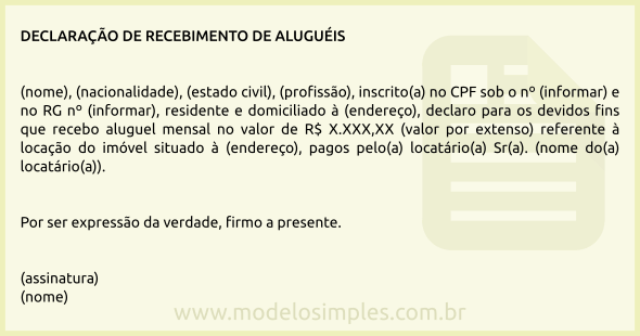 Modelo de Declaração de Recebimento de Aluguéis