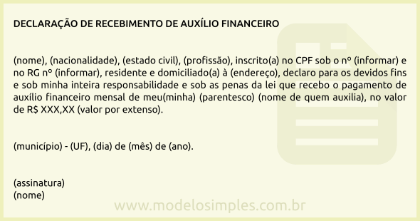 Modelo de Declaração de Recebimento de Auxílio Financeiro