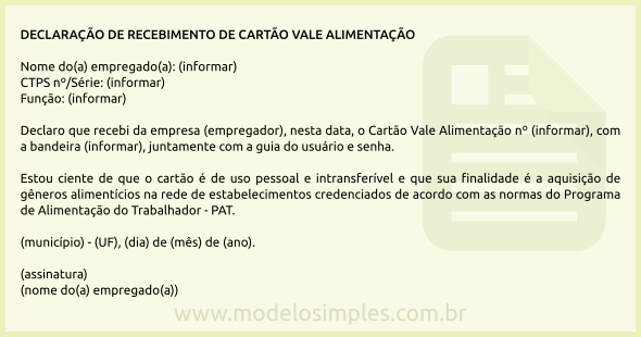 Modelo de Declaração de Recebimento de Cartão Vale Alimentação