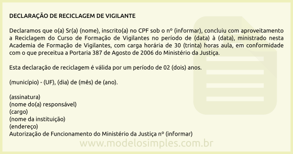 Modelo de Declaração de Reciclagem de Vigilante