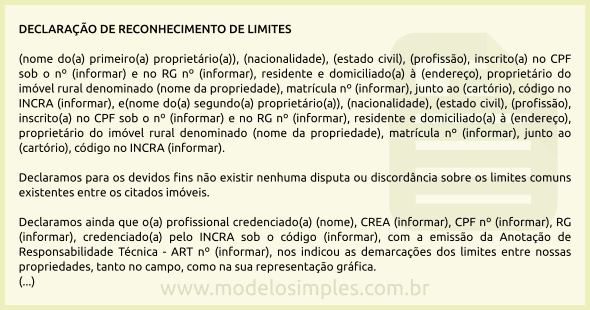 Modelo de Declaração de Reconhecimento de Limites entre Imóveis Rurais