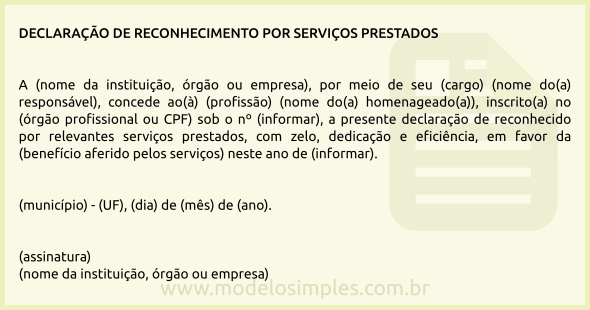 Modelo de Declaração de Reconhecimento por Serviços Prestados