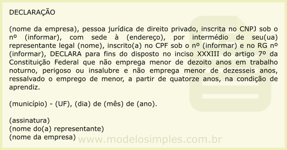 Modelo de Declaração de Regularidade de Trabalho de Menor