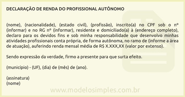 Modelo de Declaração de Renda do Profissional Autônomo