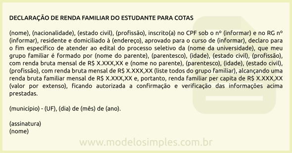 Modelo de Declaração de Renda Familiar do Estudante para Cotas