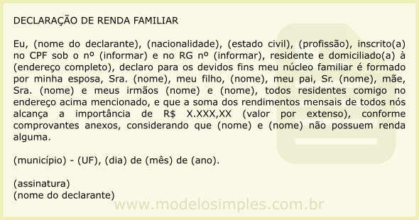 Modelo de Declaração de Renda Familiar