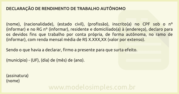 Modelo de Declaração de Rendimento de Trabalhador Autônomo