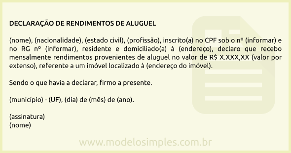 Modelo de Declaração de Rendimentos de Aluguel