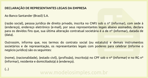 Modelo de Declaração de Representantes Legais da Empresa