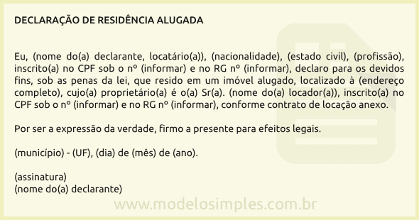 Modelo de Declaração de Residência Alugada