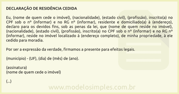 Modelo de Declaração de Residência Cedida