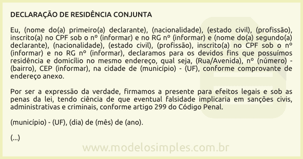 Modelo de Declaração de Residência Conjunta