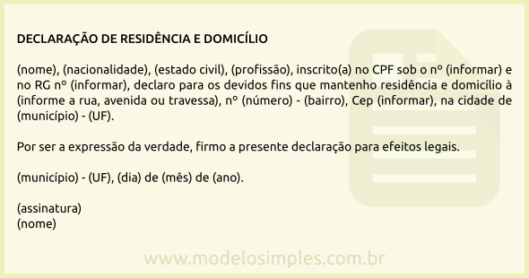 Modelo de Declaração de Residência e Domicílio