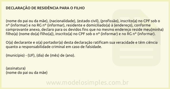 Modelo de Declaração de Residência para o Filho