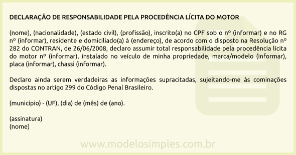 Modelo de Declaração de Responsabilidade pela Procedência Lícita do Motor