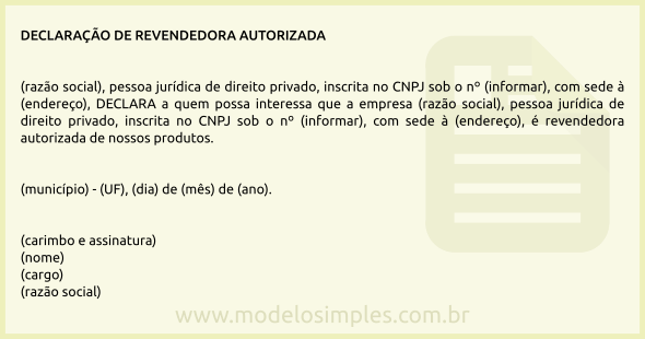 Modelo de Declaração de Revendedora Autorizada