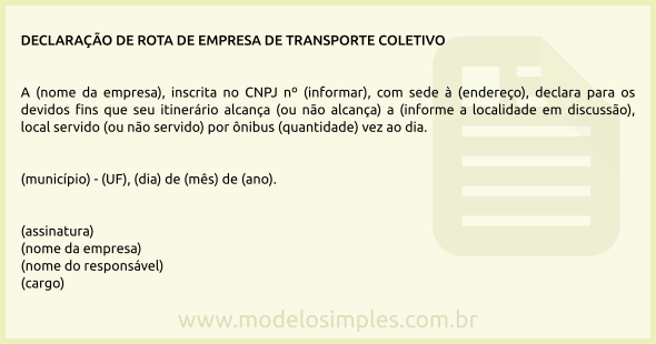 Modelo de Declaração de Rota de Empresa de Transporte Coletivo