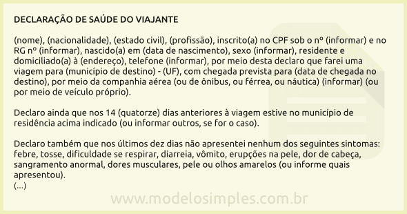 Modelo de Declaração de Saúde do Viajante