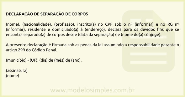 Modelo de Declaração de Separação de Corpos